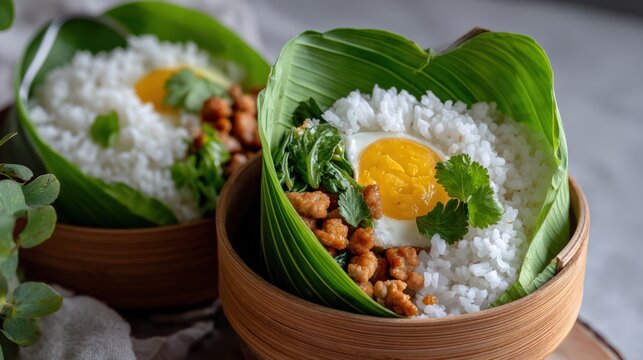 High-angle image of Thai basil pork stir-fry (pad krapow moo) served in a banana leaf wrap with fried egg and rice, a hand holding a spoon scooping the dish, natural window light, aromatic herb