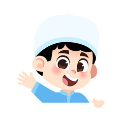 Obraz premium Happy Muslim Boy Waving Hand and Peeking Out