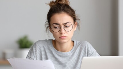 Focused Female Business Owner Reviewing Accounting Papers at Home with Laptop on Table