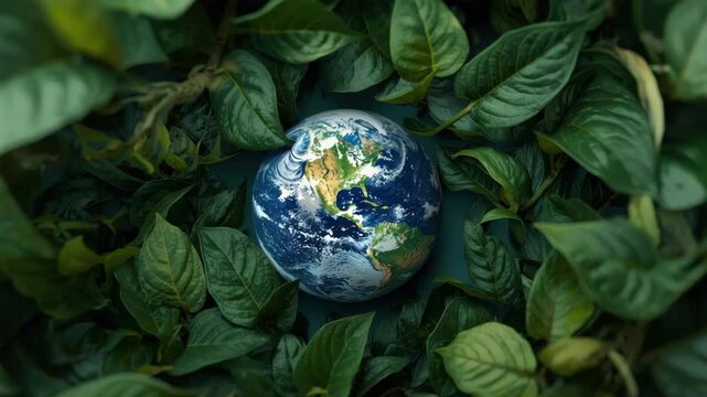 Earth globe nestled among green leaves nature environment leaf green harmony conveying protection
