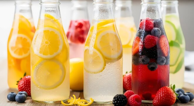 Vibrant display of sensory sips sparkling probiotic drinks in bottles with fruit infusions lemon and berry and condensation droplets for refreshing appeal