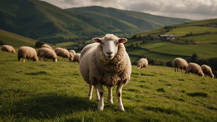 Fototapeta premium Sheep grazing on a green grassy hillside with rolling hills in the background