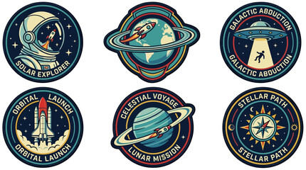 Retro Space Adventure Embroidered Patches: Astronauts, Rockets, UFOs, Planets, and Cosmic Exploration Badges Vector Set © Mr