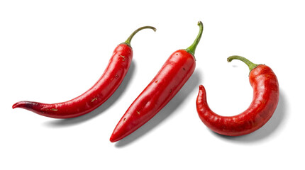 three vibrant red chili peppers isolated on a transparent background, highlighting their spicy form and texture for versatile graphic design applications.