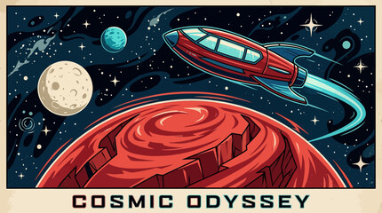 Retro Sci-Fi Cosmic Odyssey: Rocket Ship Soaring Over Red Planet with Moon and Stars, Vintage Space Exploration Poster Art © Mr