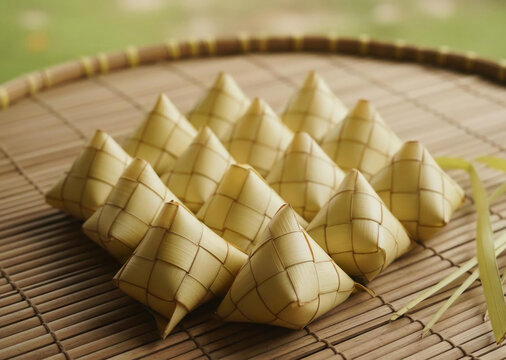 Close-up of hand-woven palm leaf pouches for rice dumplings, a symbolic Lebaran food