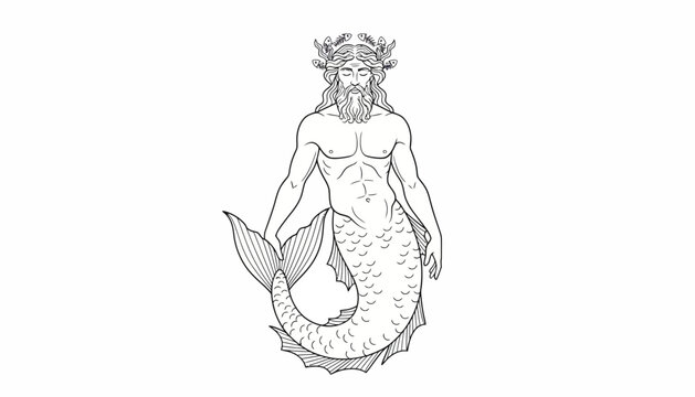 Mythological Merman God, Ancient Greek Deity, Poseidon or Neptune, Vintage Illustration
