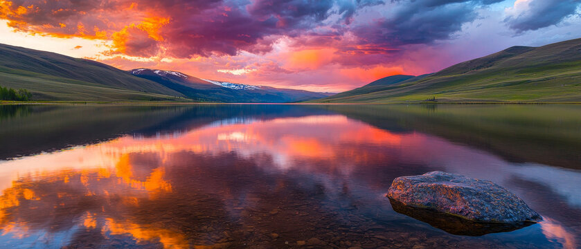 Vibrant sunset reflects in a clear mountain lake, with a lone foreground rock and distant snowy peaks under colorful clouds