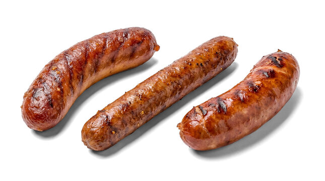 three appetizing grilled sausages, showcasing distinct grill marks and visible pepper seasoning, presented on a sleek transparent background for dynamic food imagery and impactful advertising.