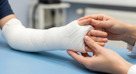 Medical professional examines arm cast on patient indoors providing healthcare