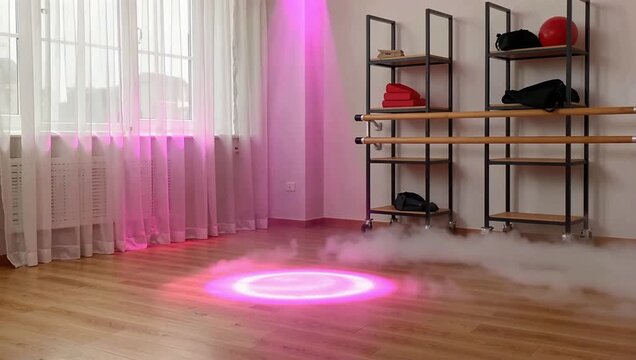 Empty dance studio with pink light and smoke.