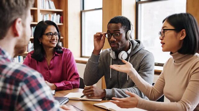 Diverse multicultural university students participating in an active academic debate with their professor promoting equity and knowledge sharing within a cooperative educational classroom.