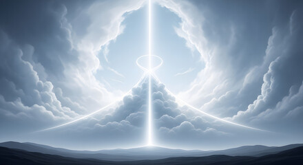 Vertical beam of light ascending from dark hills through thick w