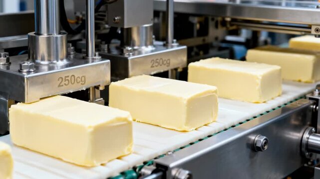 Medium shot of automated machinery shaping smooth 250g butter blocks highlighting precision molding and consistent product size on a clean production line.