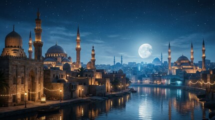 Fototapeta premium Elegant Islamic Background with Geometric Pattern and Crescent Moon Design