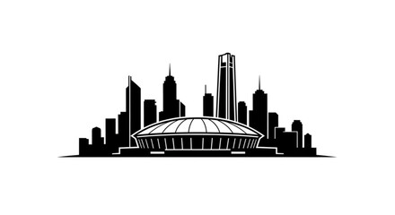 Fototapeta premium Black and white illustration of a city skyline with a large dome shaped building