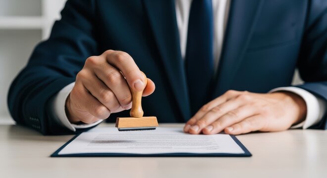 Closeup of businessman in suit stamping official document or contract on desk with blurred office background