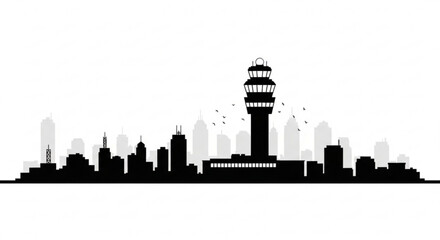 Obraz premium Black silhouette of a city skyline with a control tower