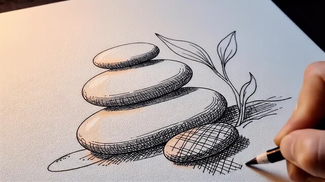 Hand drawing stack of balanced stones and sprouting plant