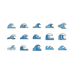 Fototapeta premium Ocean Wave Icon Set: Dynamic Water Motion and Surfing Styles