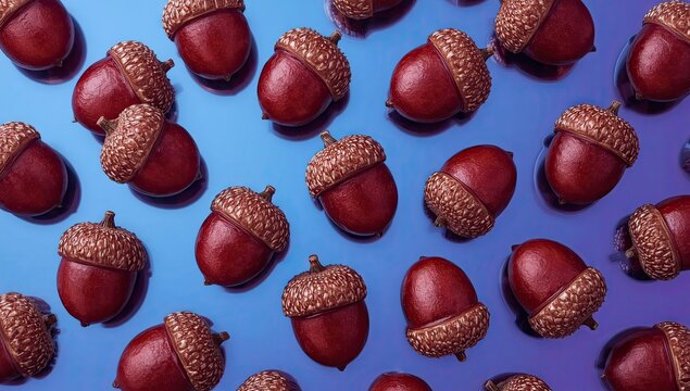 Overhead shot of numerous acorns with shiny brown caps and smooth, reddish-brown bodies, scattered on a reflective blue surface.