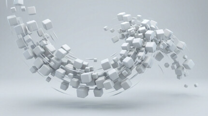 Fototapeta premium A dynamic wave of numerous small white 3D cubes swirling and flowing across a light grey background, creating an abstract and modern visual effect.