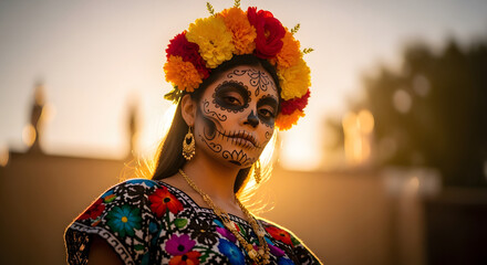 Woman with Day of the Dead Catrina makeup and floral crown at su
