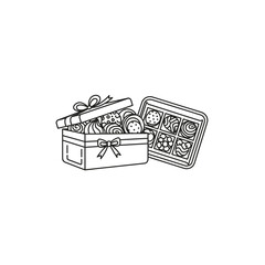 Hand Drawn Gift Box with Sweets & Treats Line Art Illustration