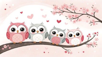 Obraz premium Five adorable cartoon owls perched on branch with pink blossoms and hearts spring illustration