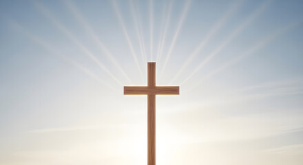 Wooden cross centered against a bright blue sky with light rays