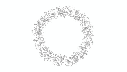 Elegant floral wreath outline, delicate poppy and small flowers, hand-drawn botanical illustration, circular frame