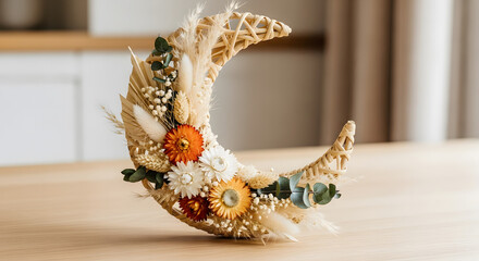 Woven wicker crescent moon ornament with dried flowers and eucal