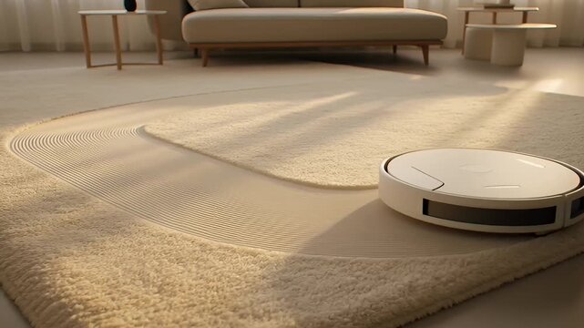 A white robot vacuum cleaner on a beige rug in a modern living room with warm lighting and minimalist furniture.