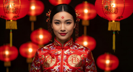 Young Asian woman wearing traditional red cheongsam with glowing