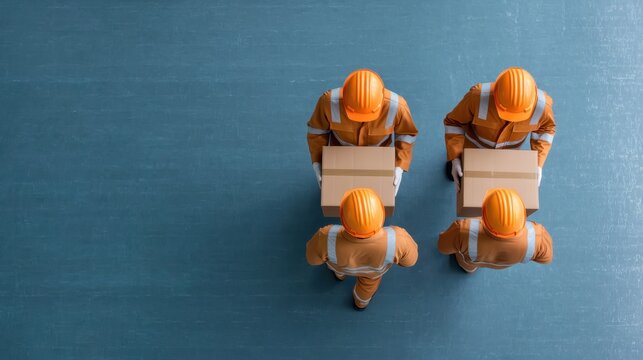 Four Workers in Orange Safety Gear Collaborating on a Project with Cardboard Boxes in an Industrial Setting