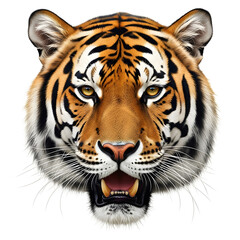Fototapeta premium Close-up of a tiger's face, roaring fiercely, isolated on white