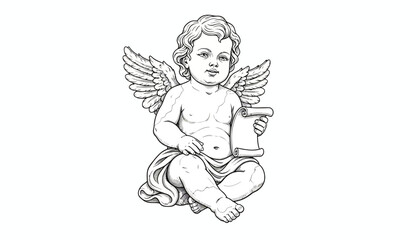 Obraz premium Cherub Angel Holding Scroll, Vintage Drawing, Classical Sculpture Detail, White Background