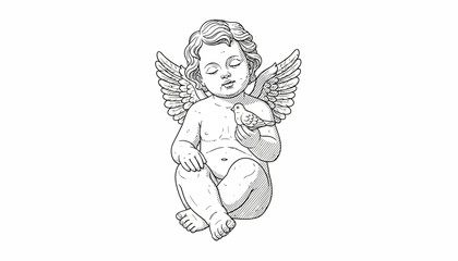 Fototapeta premium Cherubic Angel Holding a Bird, Vintage Illustration