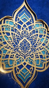 Intricate Golden Islamic Geometric Pattern Blue Background Animated Footage Loop
