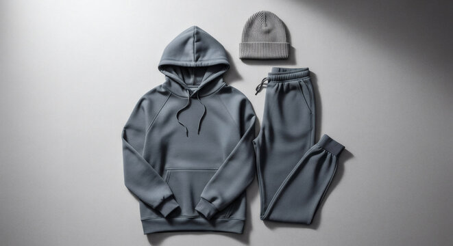 Flat lay clothing mockup of a grey hoodie, beanie, and sweatpants on a neutral background