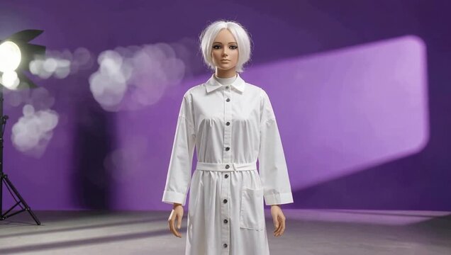 Female robot standing in a studio with smoke and purple lighting.