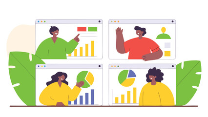 Fototapeta premium Diverse business people conduct online analytics meetings, presenting charts and graphs in separate video call windows.