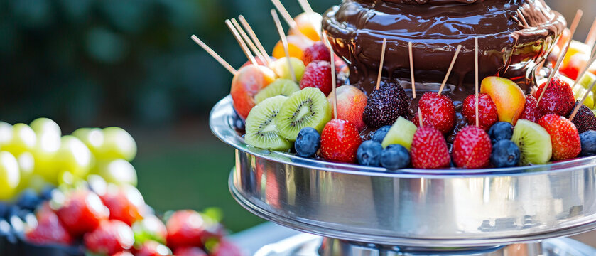 Chocolate fountain with fresh fruit skewers: strawberries, kiwi, blueberries, peaches, and other colorful delights, outdoors