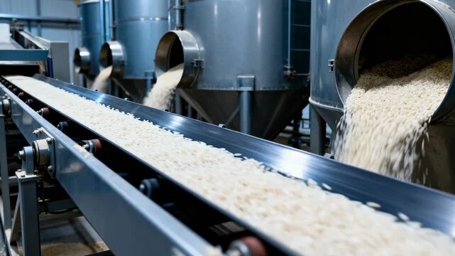 Medium shot focused on mechanical conveyors transferring broken rice fractions into large storage silos highlighting industrial efficiency and automation.