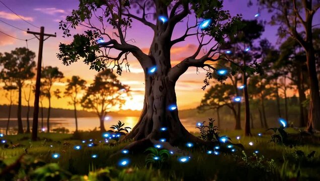 Fireflies illuminate a magical forest at sunset.