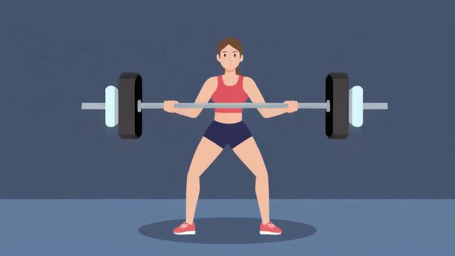 Animated athletic woman performing a wide stance barbell sumo squat as part of her strength training and fitness regimen, promoting a healthy lifestyle workout