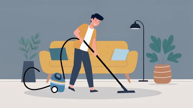 Happy young man vacuuming his living room floor. Smiling guy doing daily household chores and home cleaning. Modern flat vector illustration of domestic tasks.