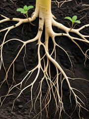 Detailed view of plant roots in soil showcasing natural growth and structure.
