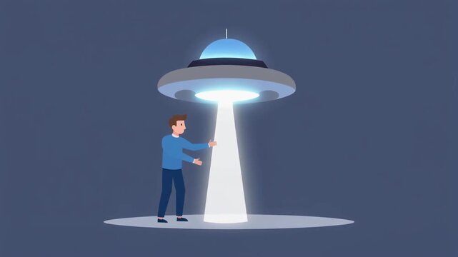 A curious man pulls a rope connected to a hovering alien flying saucer, interacting with its bright light beam, an imaginative science fiction scene.