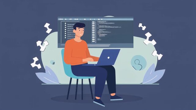 Young male programmer coding on laptop creating software digital solutions IT development remote work online technology flat vector illustration